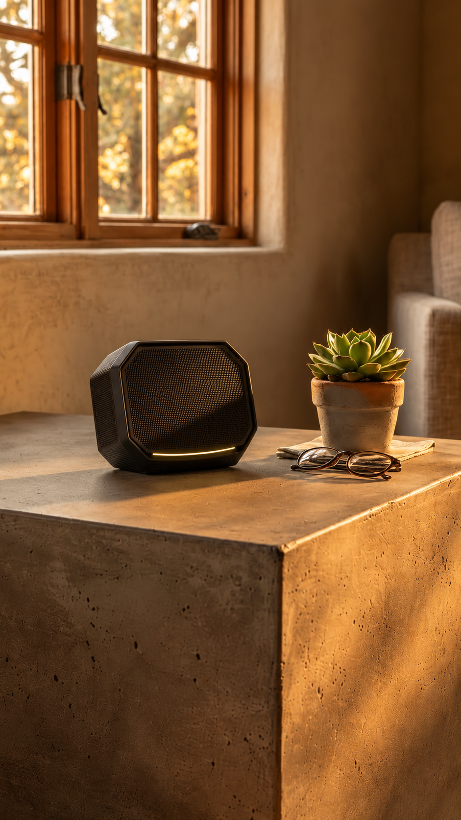 Tyrone smart speaker resting on a concrete side table in a sunlit living room